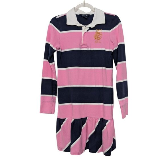 Ralph Lauren Stripe Rugby Polo Dress Girls Size Large Pink Navy Blue Embroidered - Picture 1 of 9